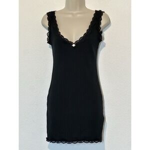 Black Ribbed Knit Lace Trim V Neck Mini Dress Sz M Dainty Coquette Whimsigoth